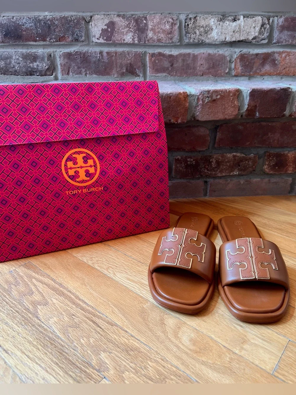 Tory Burch Tan Miele & Gold Leather Double T Sport Slide Sandals